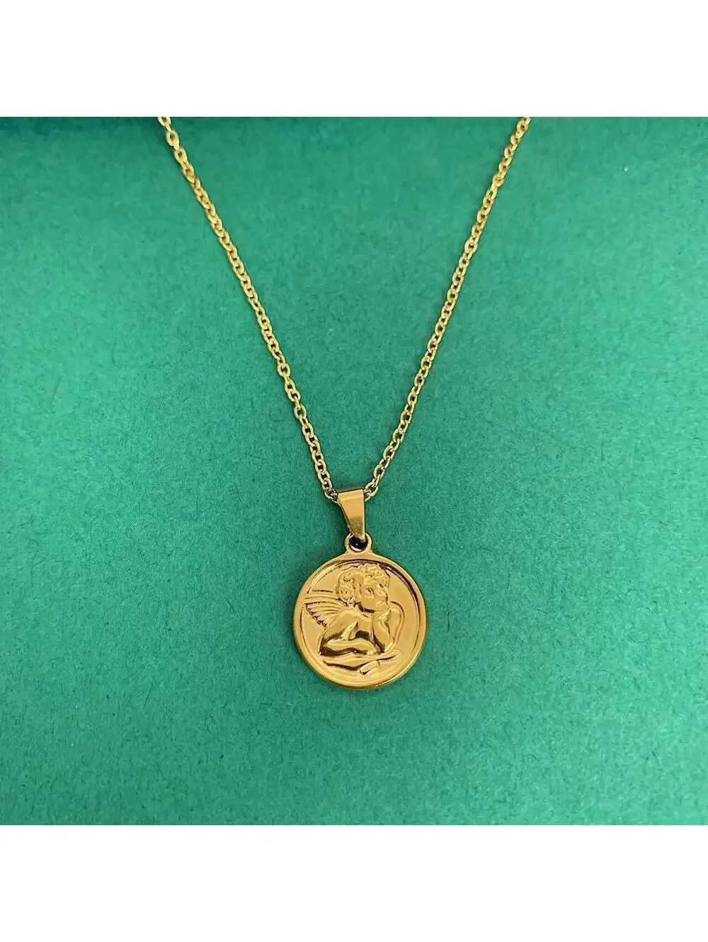 Cute Baby Angel Stainless Steel Gold Plated Circle Pendant y2k 90s style